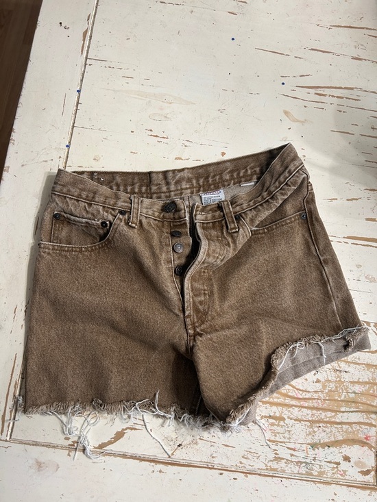 attrak Pants - High-Rise Frayed Hem Brown Denim Shorts